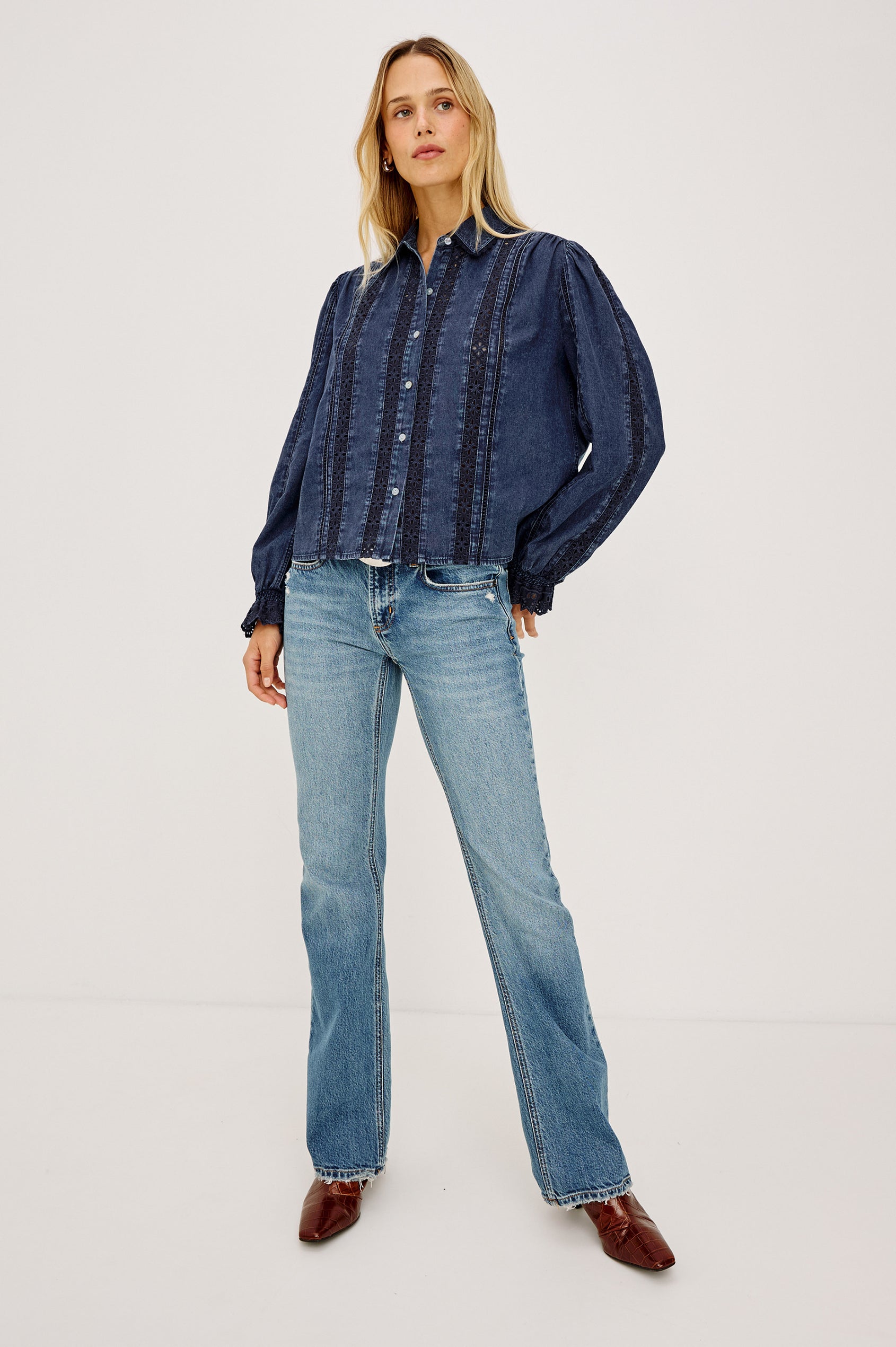 Rails Rowen dark blue denim shirt with black lace trim and balloon sleeves