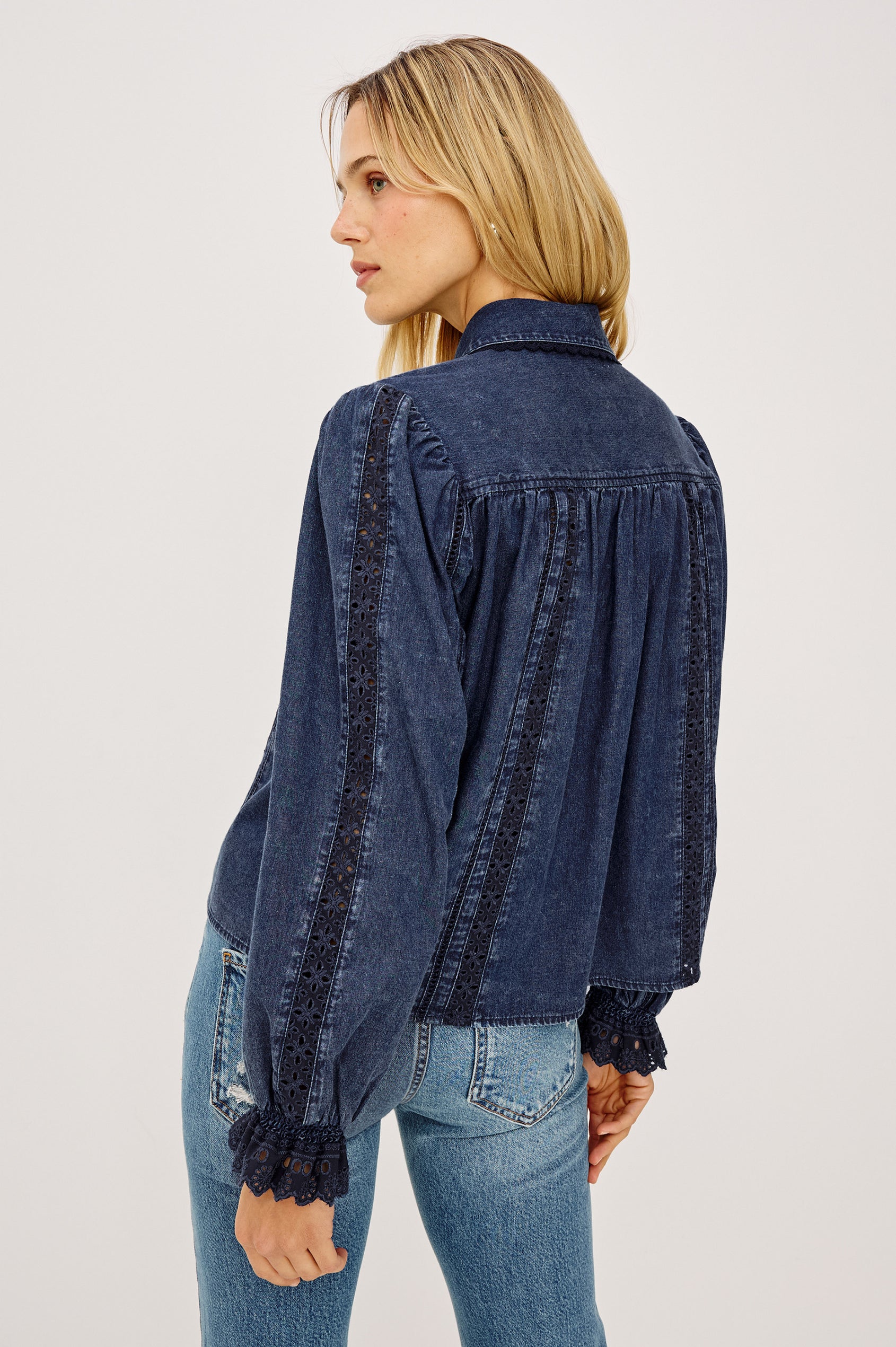 Rails Rowen dark indigo denim blouse with black eyelet lace trim, back view