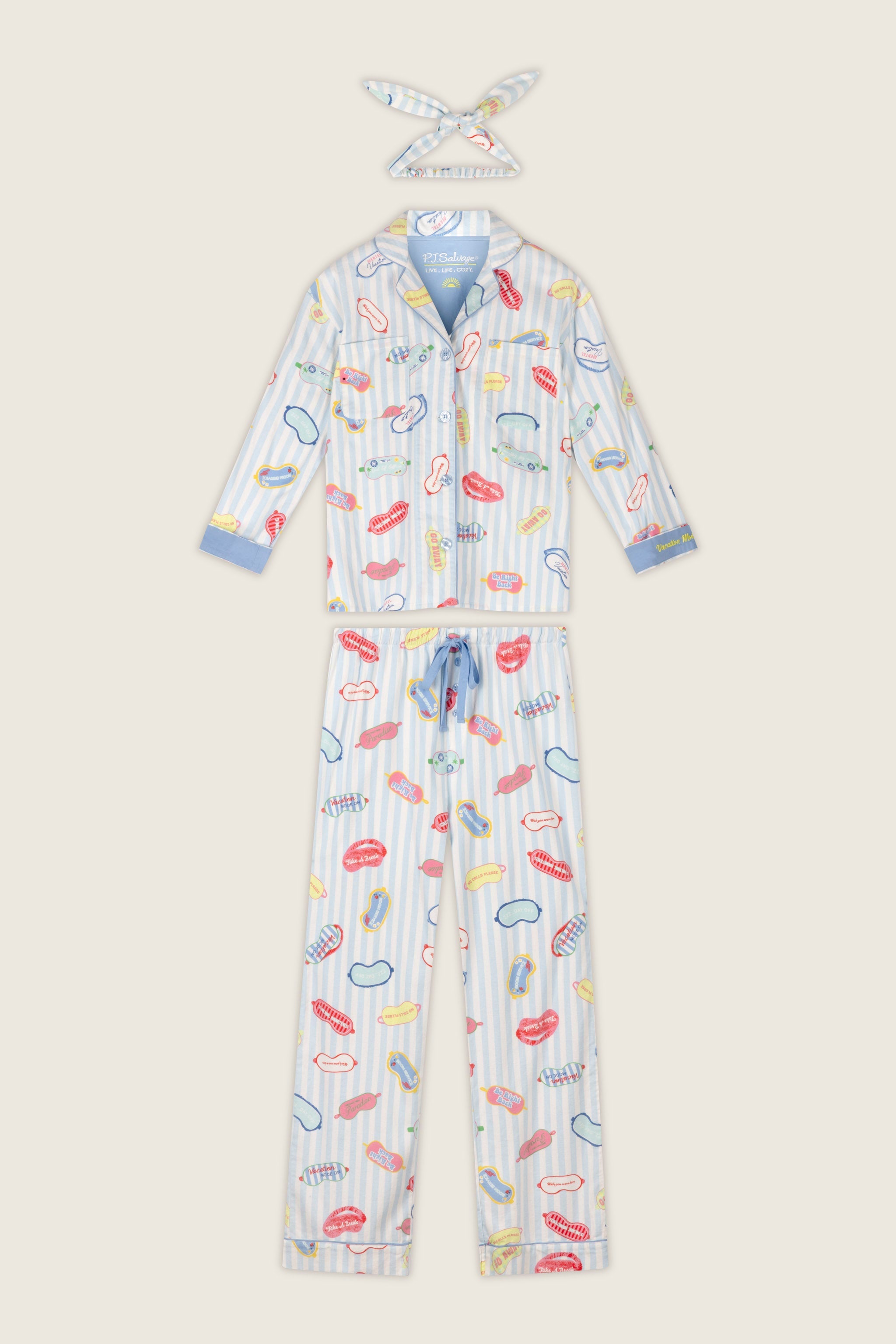 PJ Salvage Heritage Set pajamas in light blue stripe with sleep mask print and matching hair tie