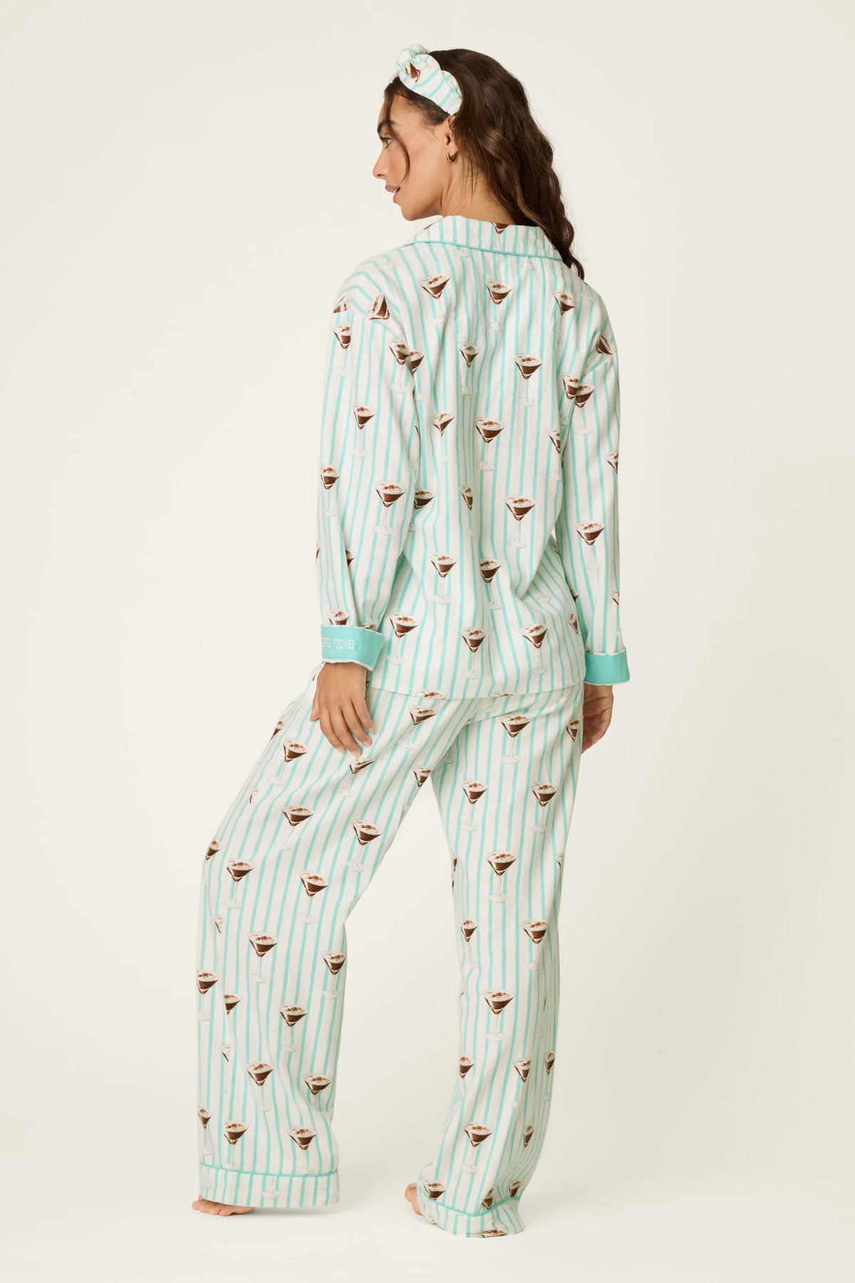 Pool blue striped espresso martini print pajama set with long sleeves and sleep mask