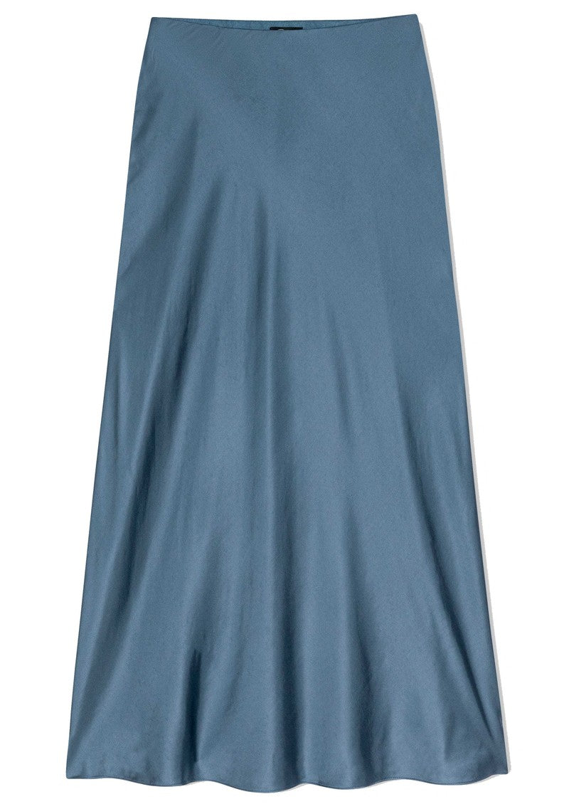 Rails Anya midi skirt in steel blue satin with A-line silhouette and smooth finish