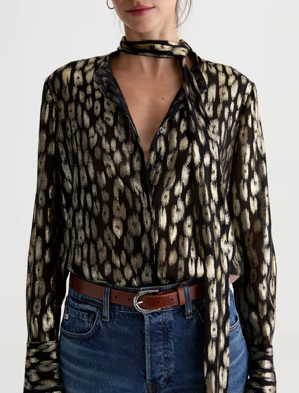 AG Lora black gold metallic leopard print blouse with neck tie and long sleeves