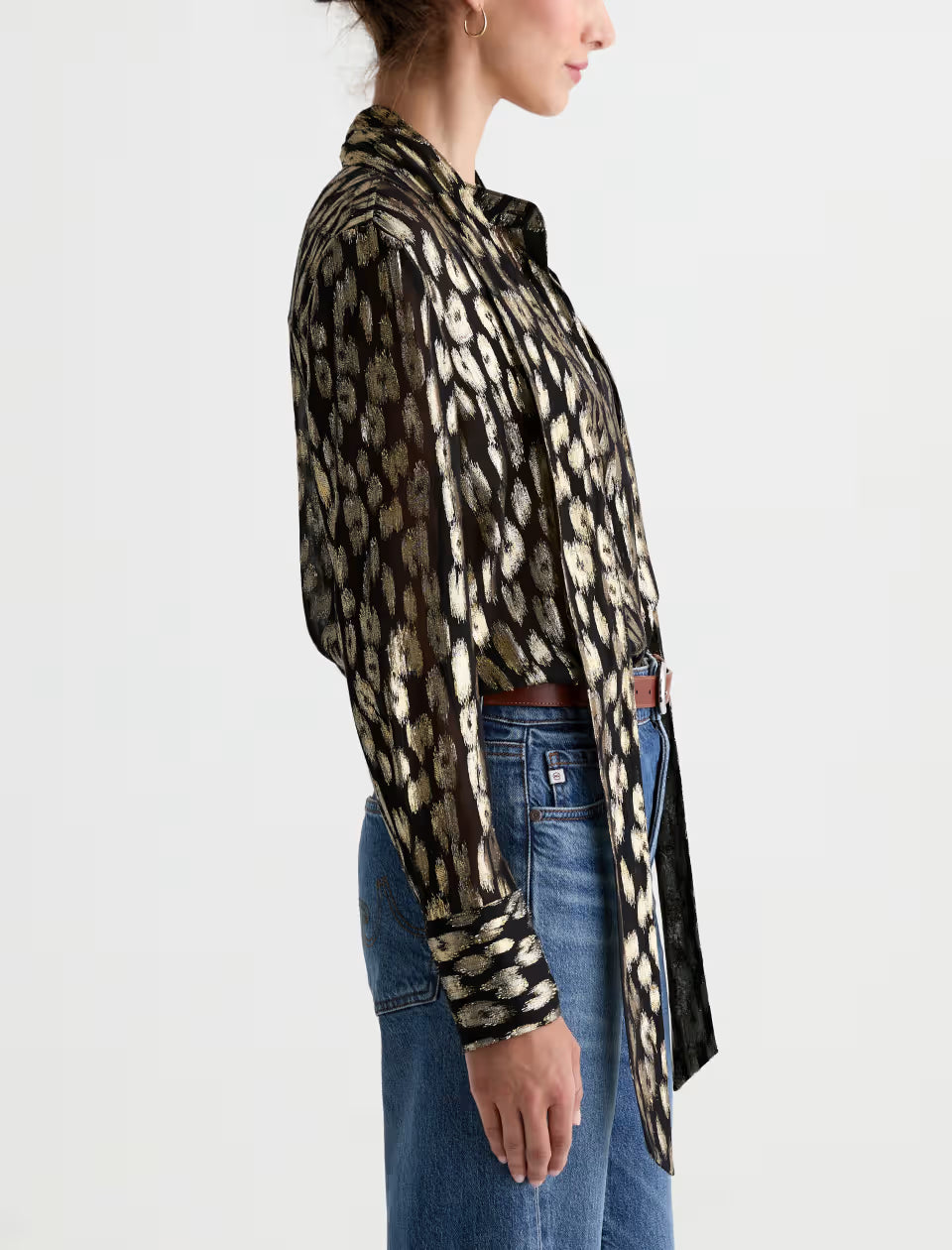 AG Lora black and gold metallic leopard print long-sleeve blouse side view