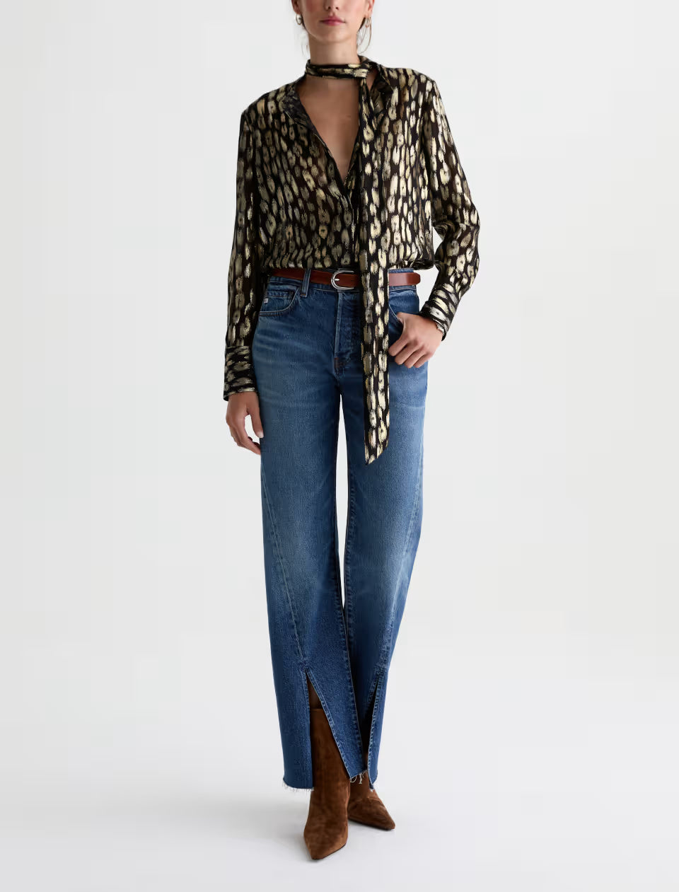 AG Lora wide-leg blue jeans with front slit hem and raw edge detail