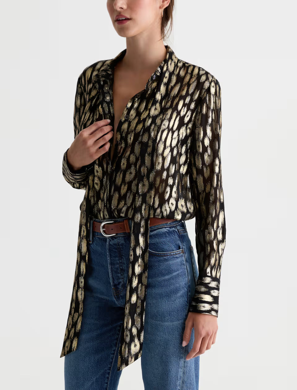 AG Lora black and gold metallic print long-sleeve blouse with tie neck