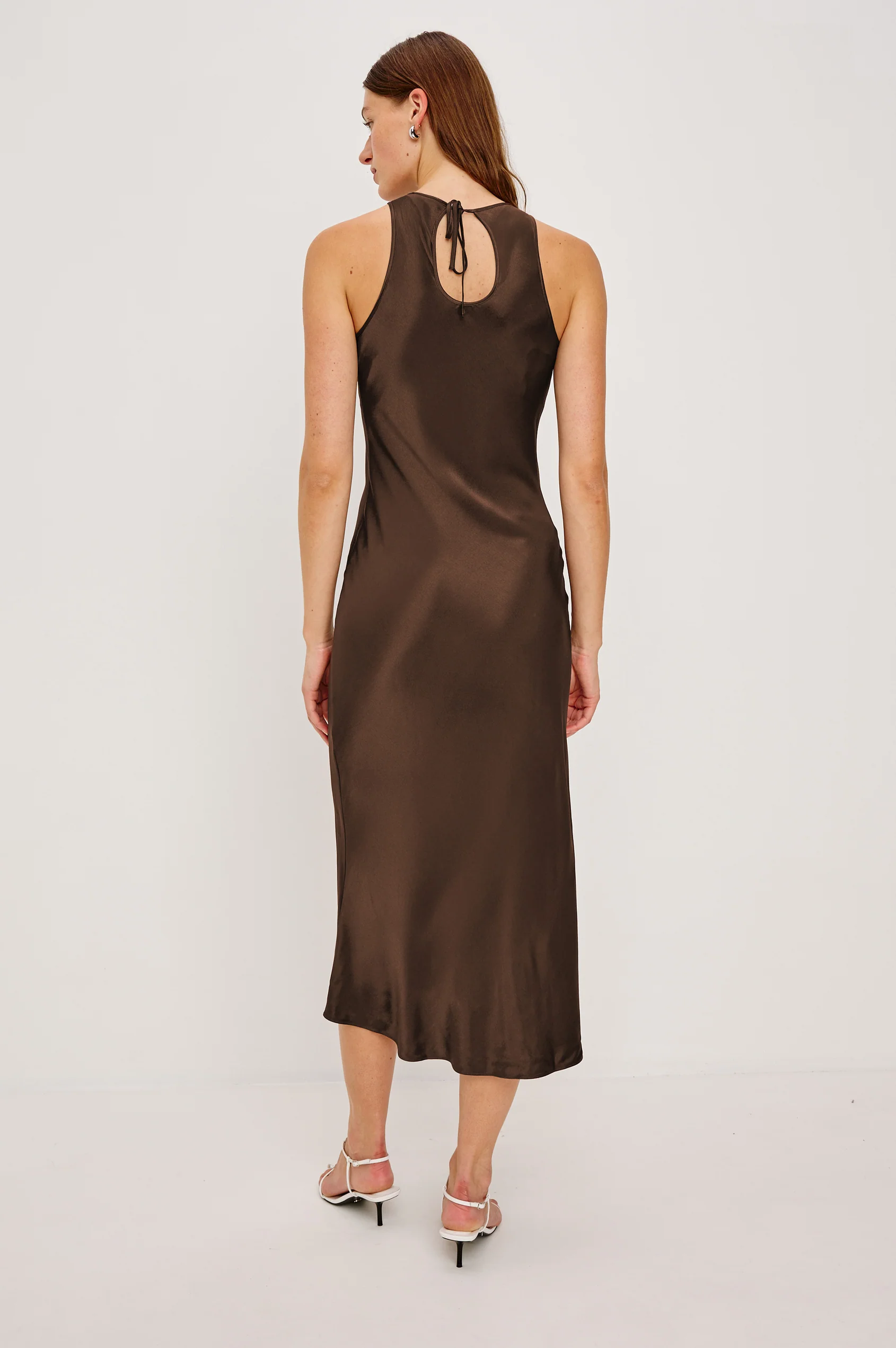 Back view of Rails Solene Espresso satin midi dress with keyhole tie detail and racerback silhouette
