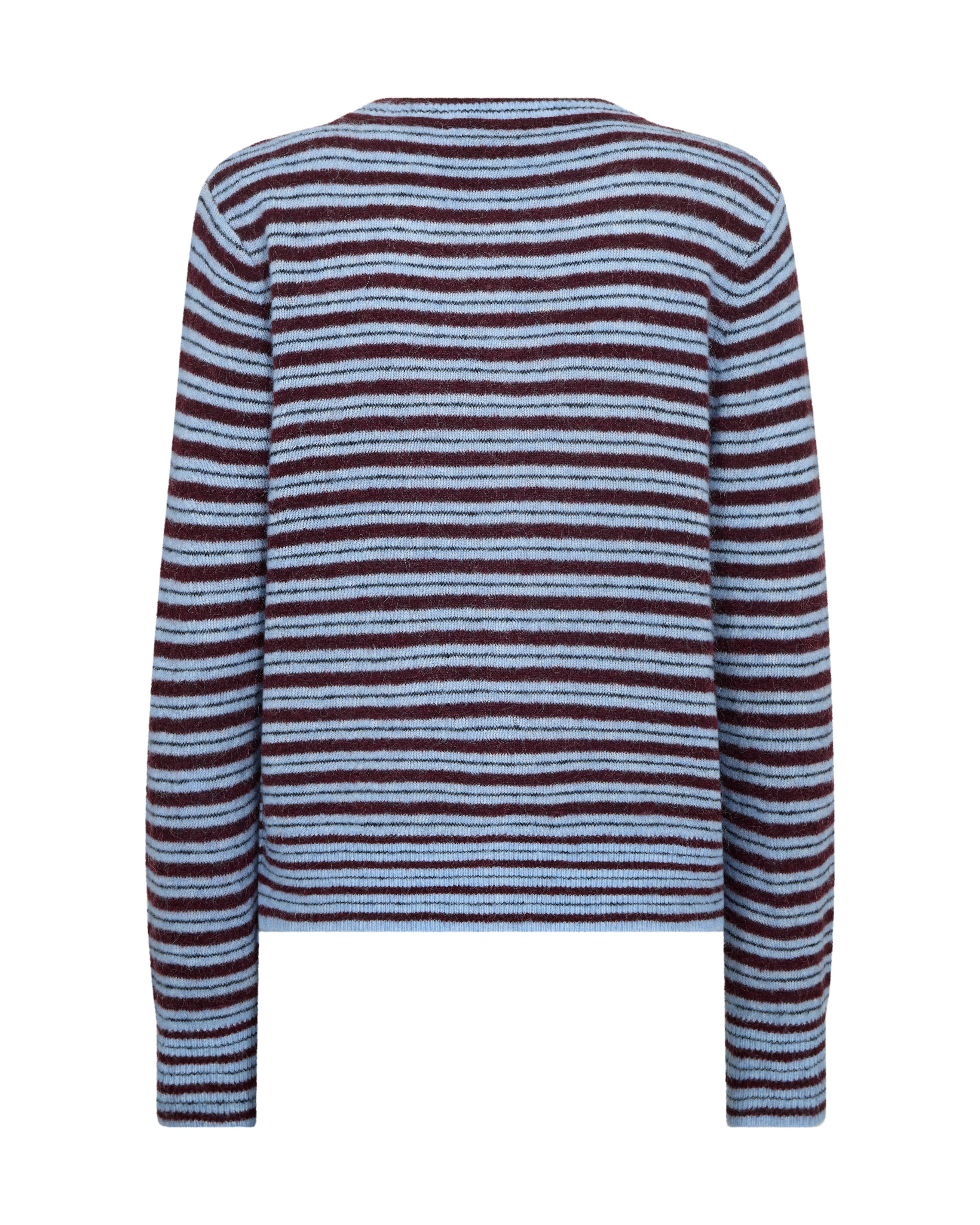 Back view of Mos Mosh Milvi Striped Cardigan in Port Royale burgundy and light blue horizontal stripes