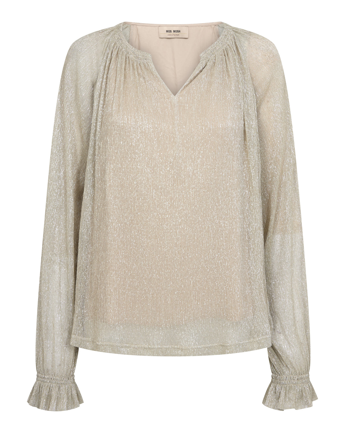Mos Mosh Ximena Glam V-Neck Blouse in Mourning Dove, flat lay front view