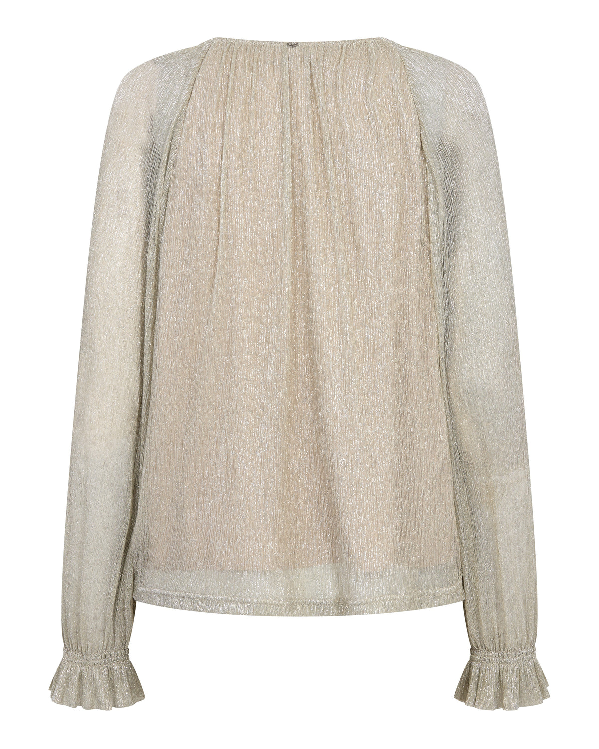 Back view of Mos Mosh Ximena Glam V-Neck Blouse in Mourning Dove with ruffled cuffs