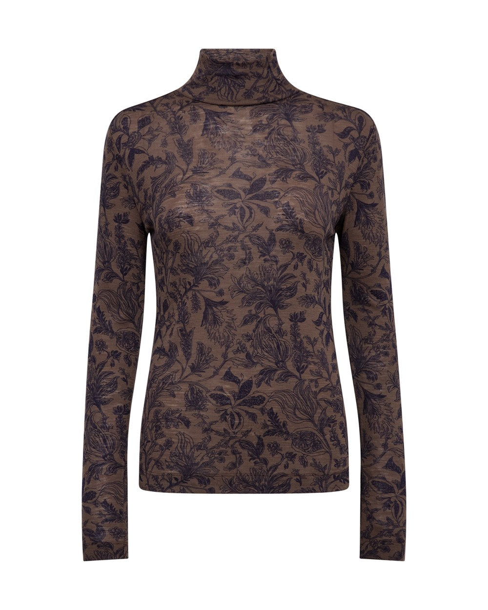 Mos Mosh Xinna Fleur Turtleneck in Delicioso brown with dark navy botanical floral print, long sleeves.