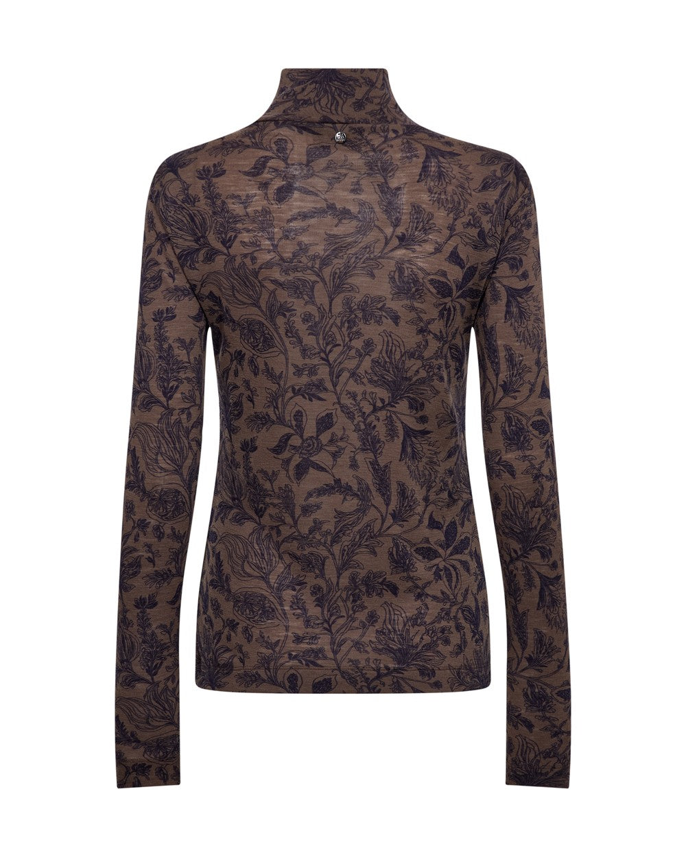 Mos Mosh Xinna Fleur Turtleneck in Delicioso brown with dark navy botanical floral print, long sleeves