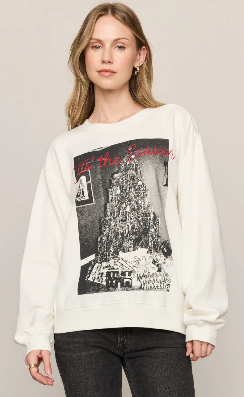 Z Supply cream boyfriend sweatshirt with Tis the Season Christmas tree graphic print