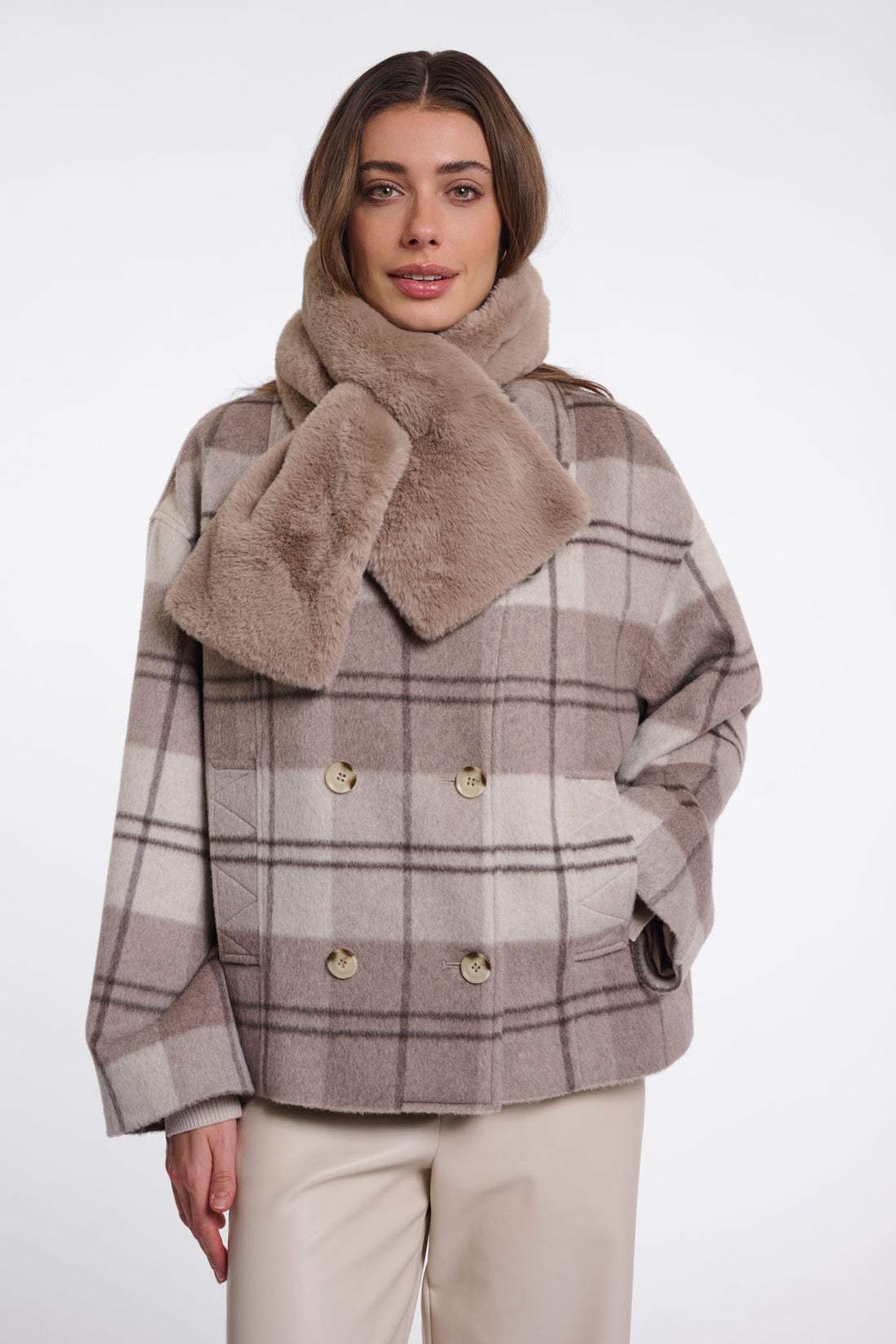 Taupe faux fur wrap scarf with soft plush texture, worn around neck