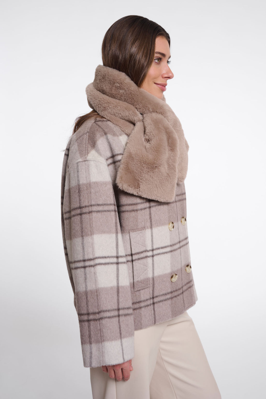 RINO & PELLE STIP beige plaid double-breasted wool coat with faux fur collar