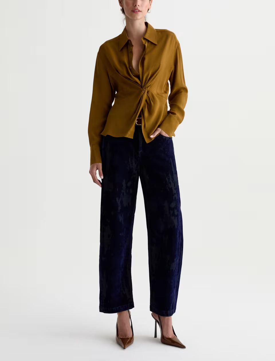 AG Hattie Ballroom high-rise barrel jeans in navy velvet-flocked indigo denim