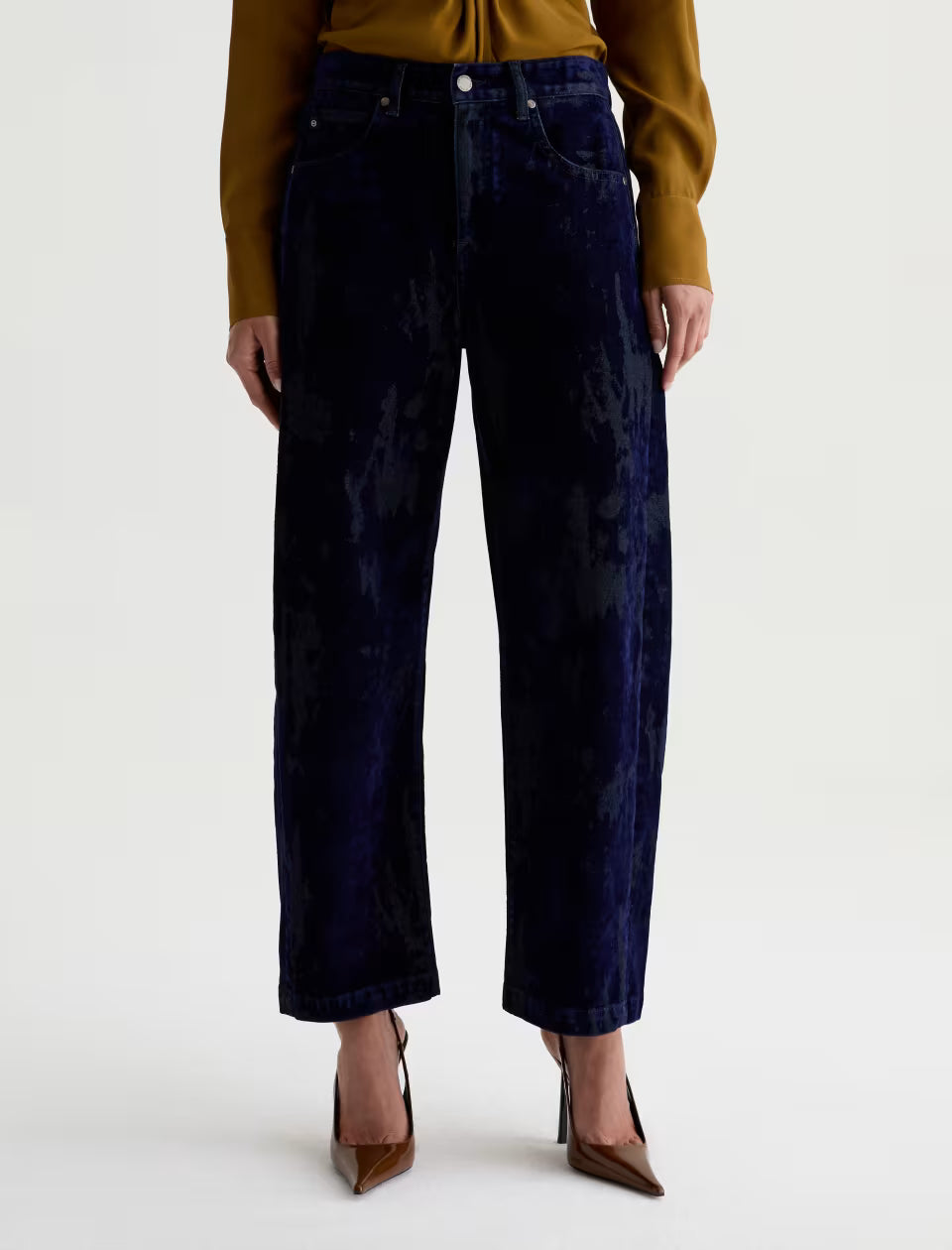 AG Hattie Ballroom navy blue velvet wide-leg cropped trousers with subtle pattern