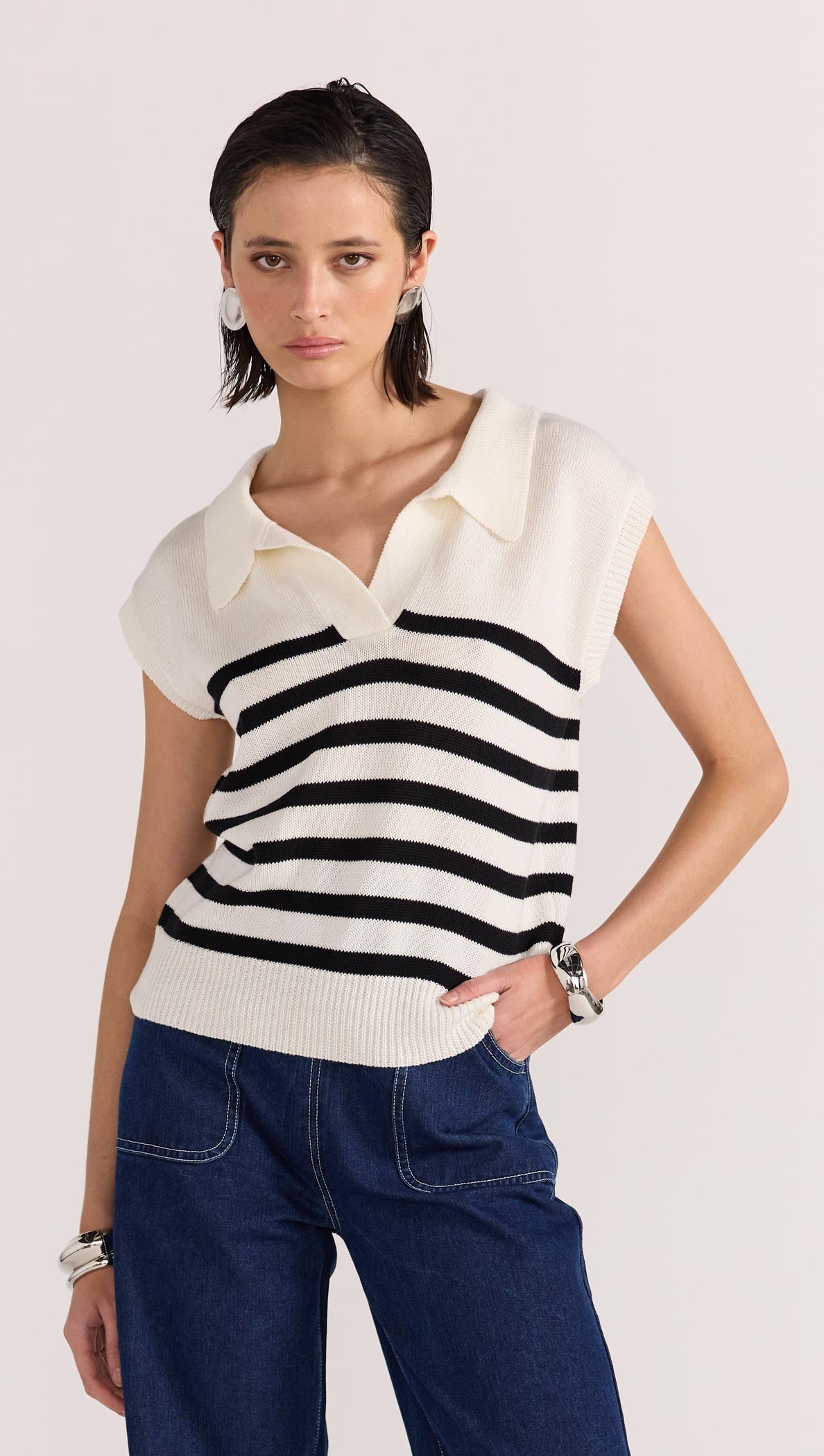 REMI STRIPE POLO KNIT TOP