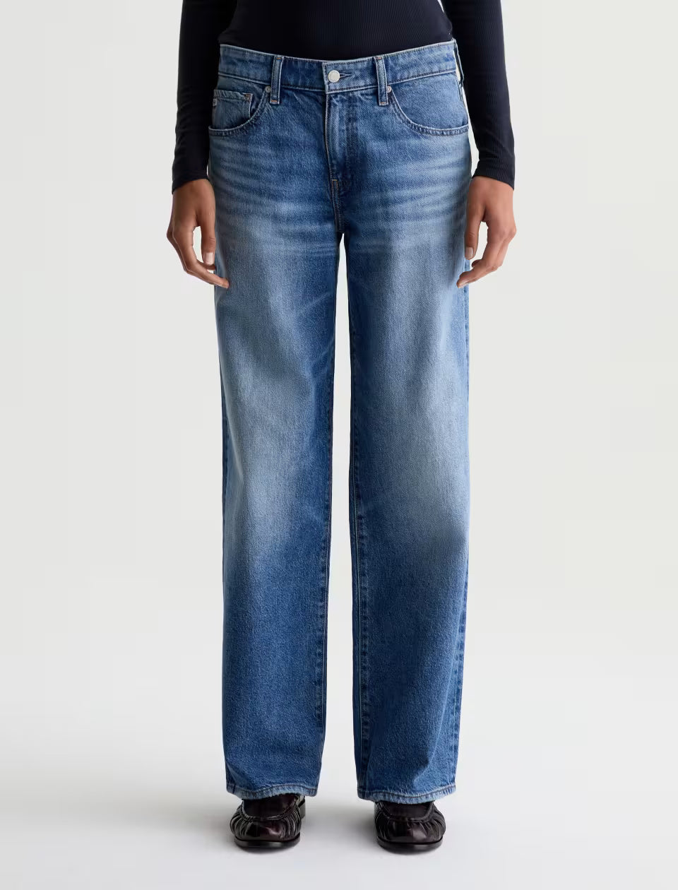 AG Adria wide-leg mid-rise medium blue wash straight jeans on model