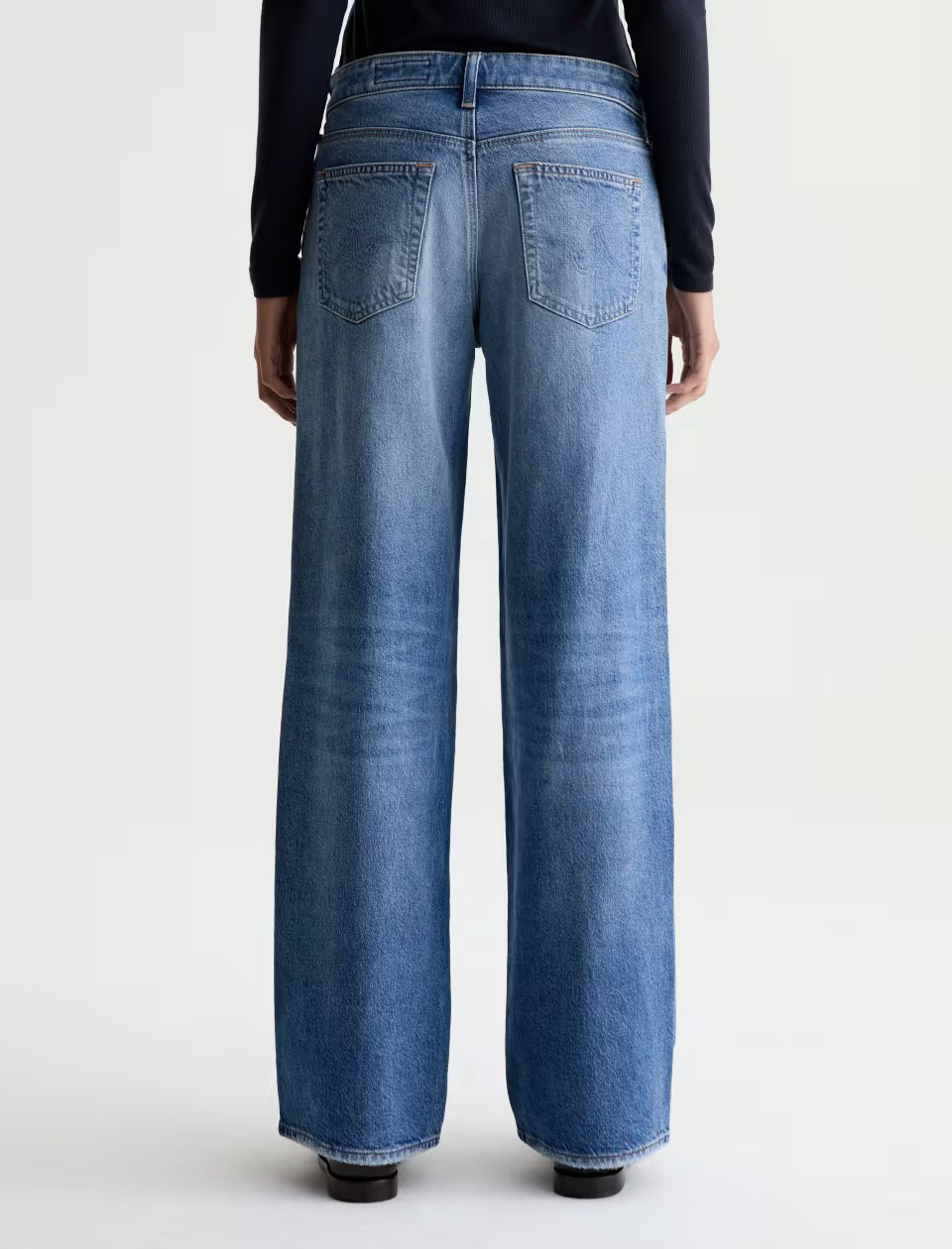 AG Adria wide-leg medium blue wash jeans, back view with two rear pockets