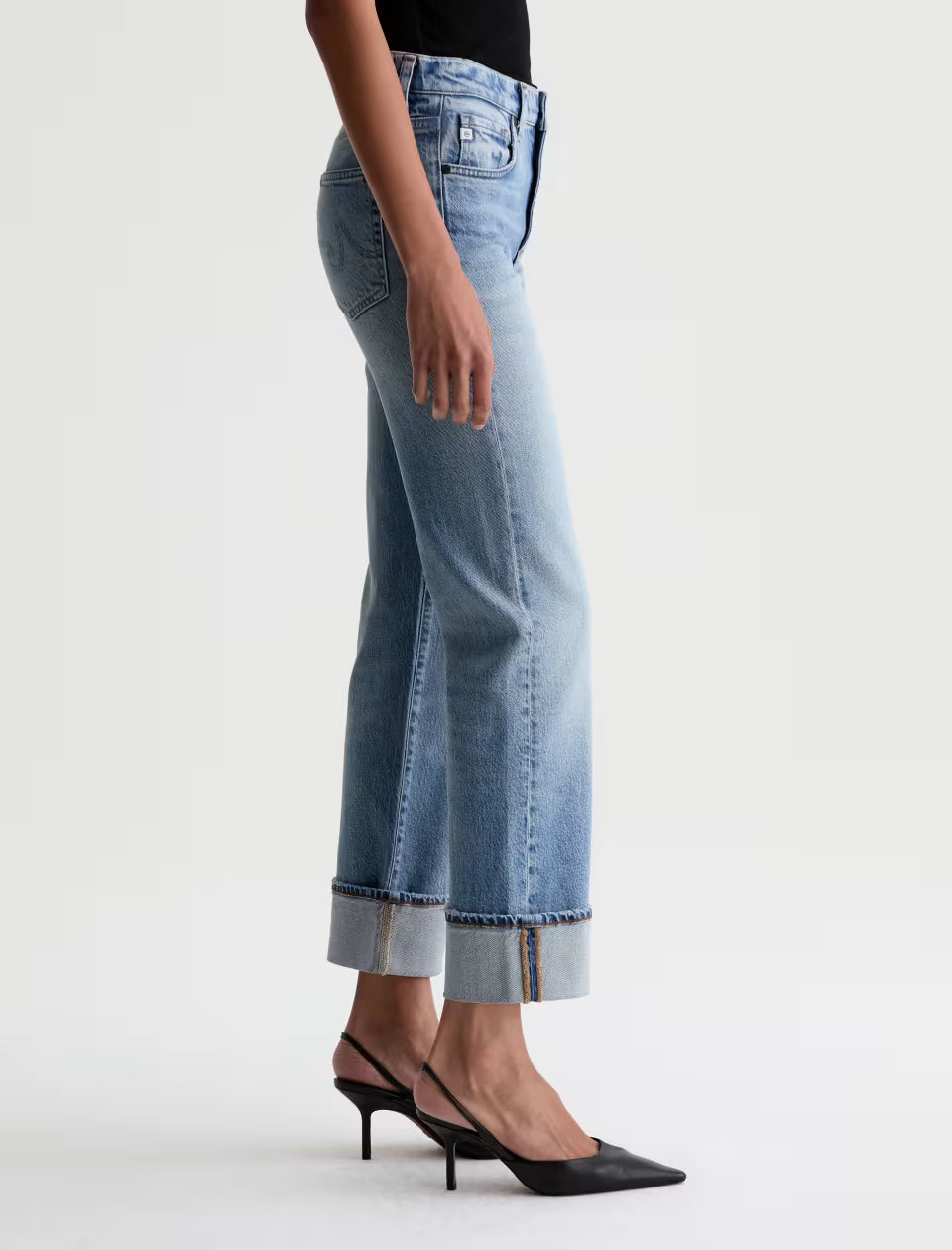 AG Brinley wide-leg cropped jeans in light blue wash with cuffed hem