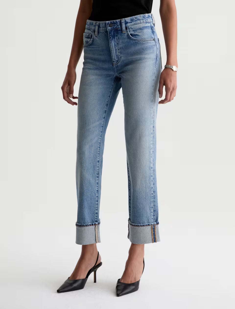 AG Brinley straight-leg light wash blue jeans with wide cuffed hem