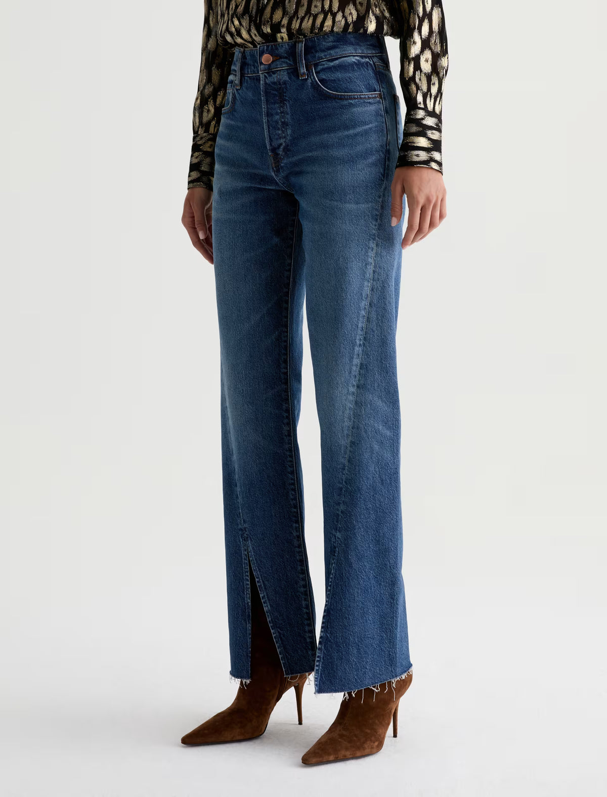 AG Sydney high-rise straight-leg jeans in medium blue wash with raw hem slits