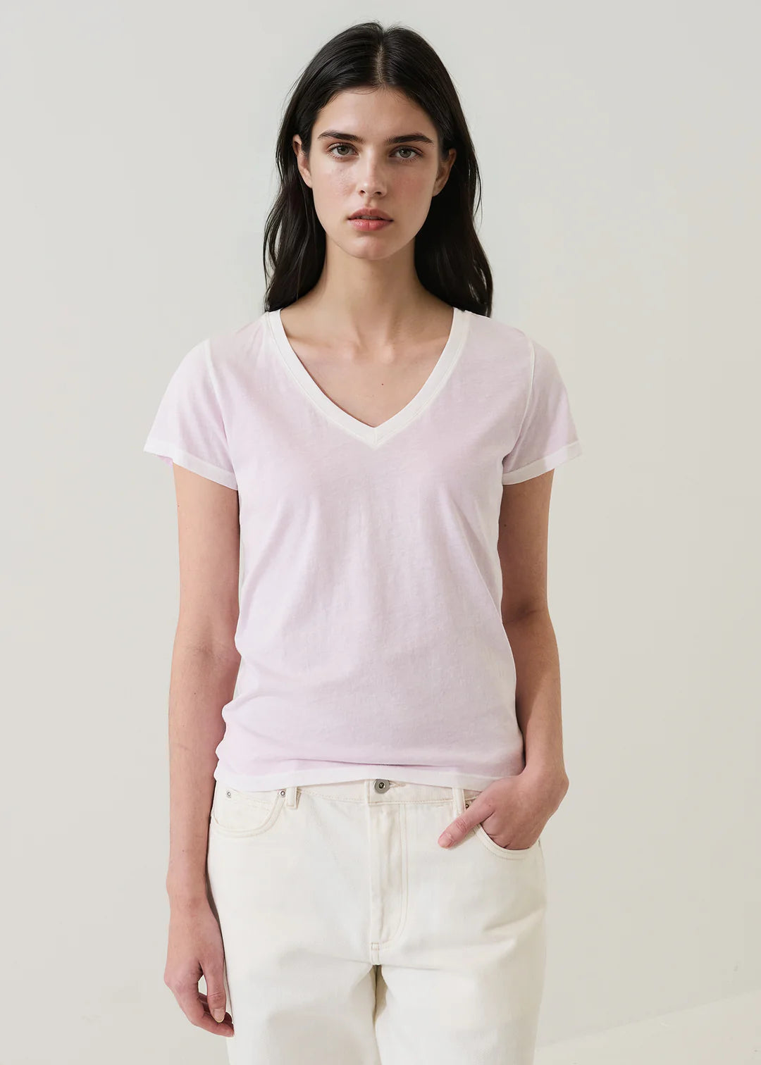 SS PIMA CLASSIC REV SPRAY VNECK PALE ORCHID