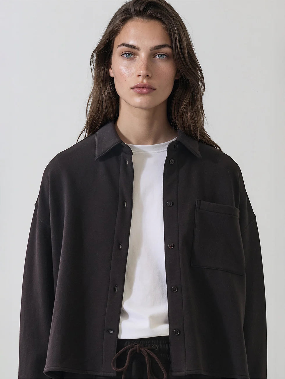 Oversized dark brown brushed French terry button-up shirt with chest pocket