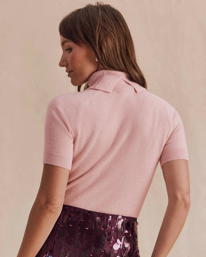 Splendid Tori short-sleeve pink cashmere sweater with polo collar, back view