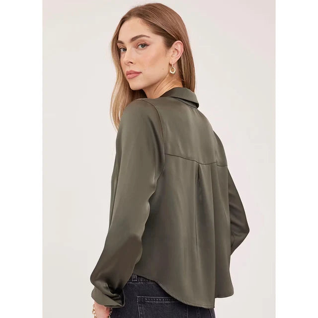 Gentle Fawn Leighton olive satin long-sleeve button-up shirt, relaxed fit