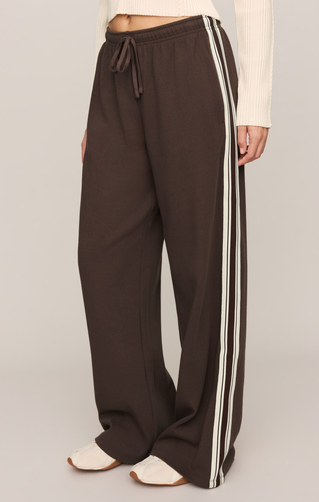 Z Supply Breakaway Track Pant in Eclipse dark brown with cream double side stripes and drawstring waist