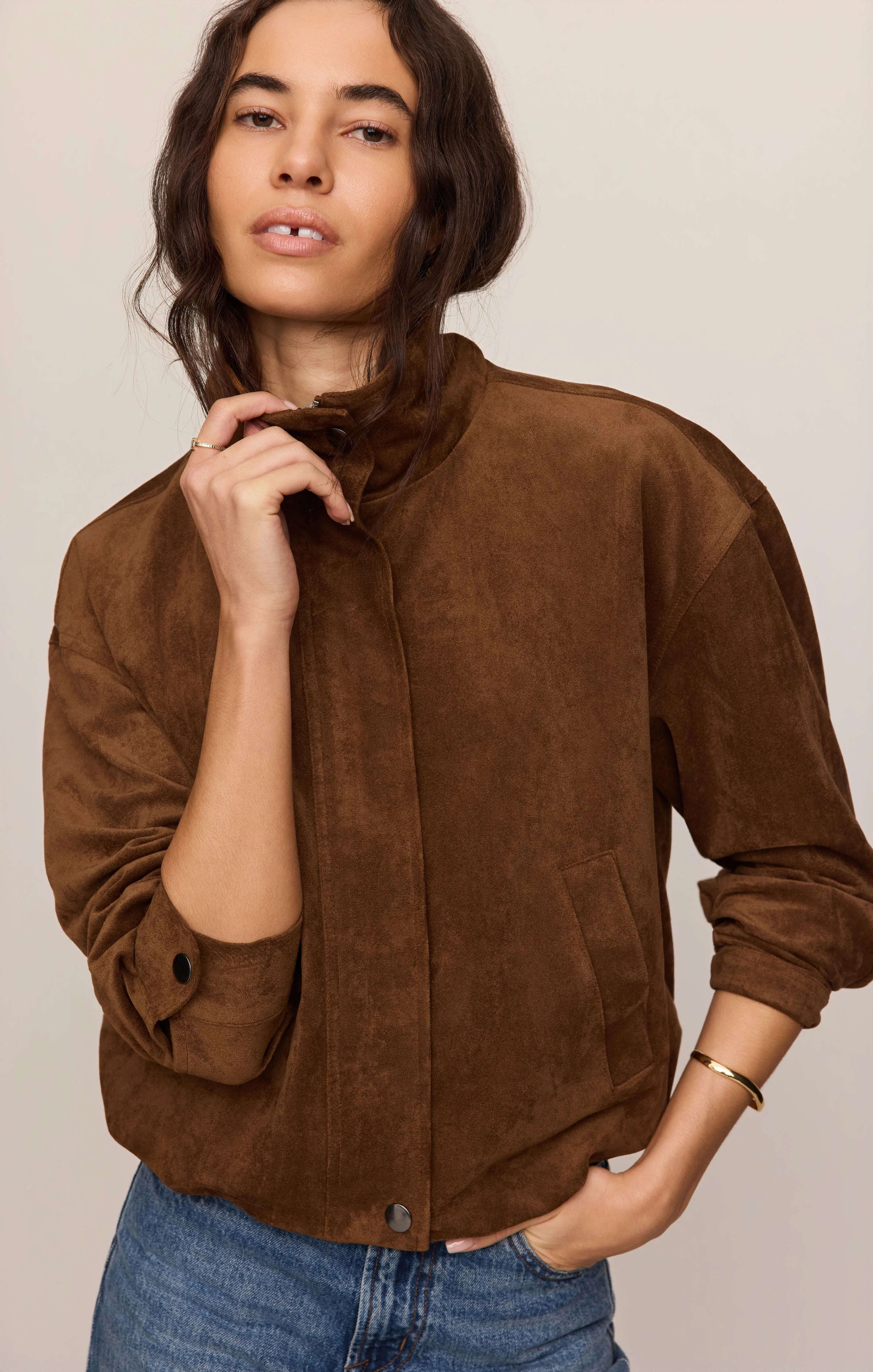 Z Supply Corin brown suede bubble hem jacket with snap buttons and mock neck