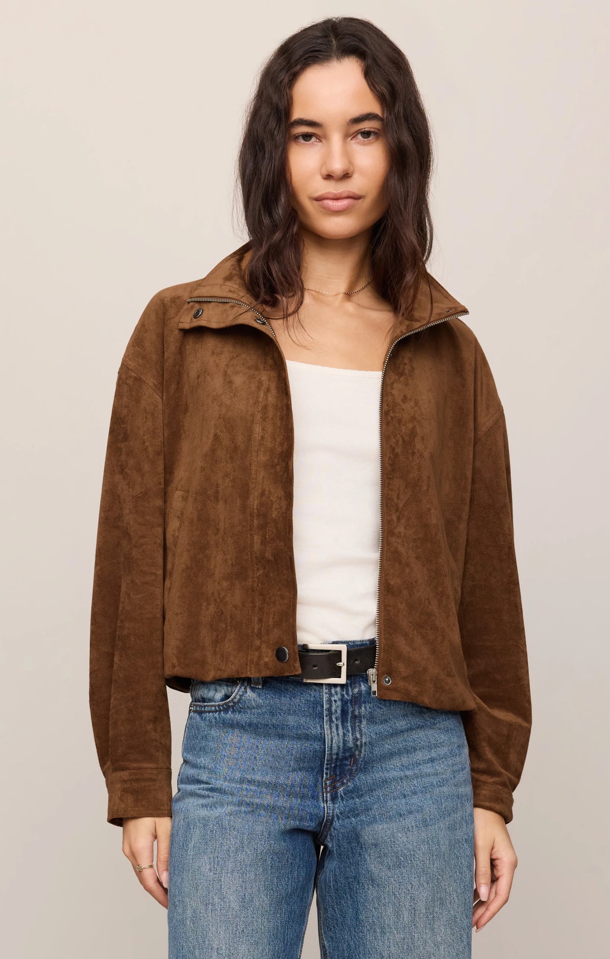 Brown suede zip-up bubble hem jacket with snap collar detail