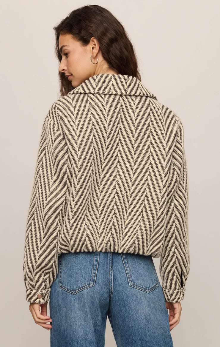 Z Supply Dunaway Bubble Jacket in cream and black chevron herringbone pattern, back view