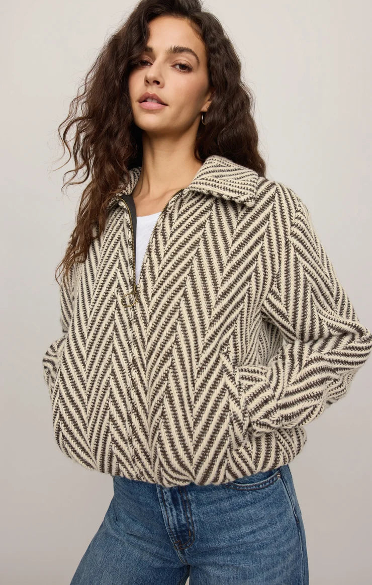 Z Supply Dunaway Bubble Jacket in cream and black chevron herringbone knit with zip collar