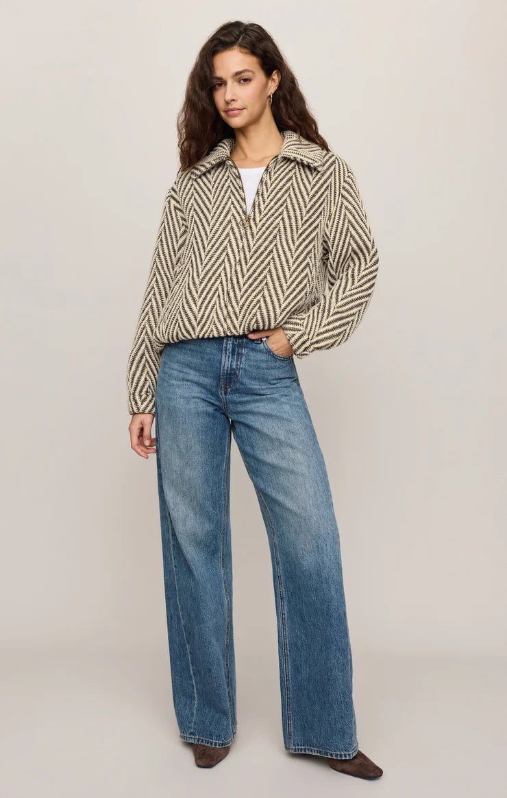 Z Supply Dunaway Bubble Jacket in cream and black herringbone pattern with half-zip collar