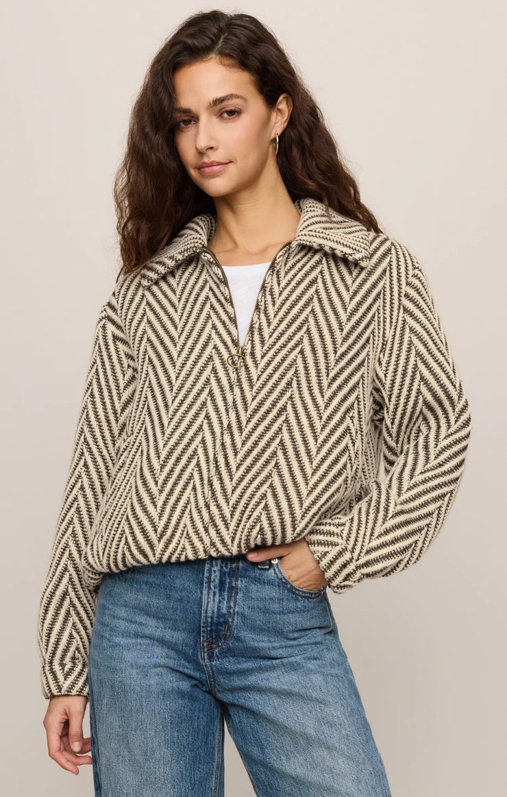 Z Supply Dunaway Bubble Jacket in cream and black chevron knit with collar buttons