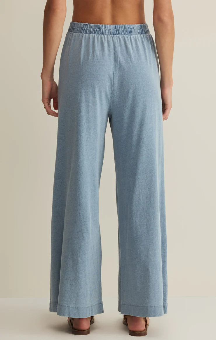 Z Supply Scout wide-leg jersey denim pant in light blue with elastic waistband