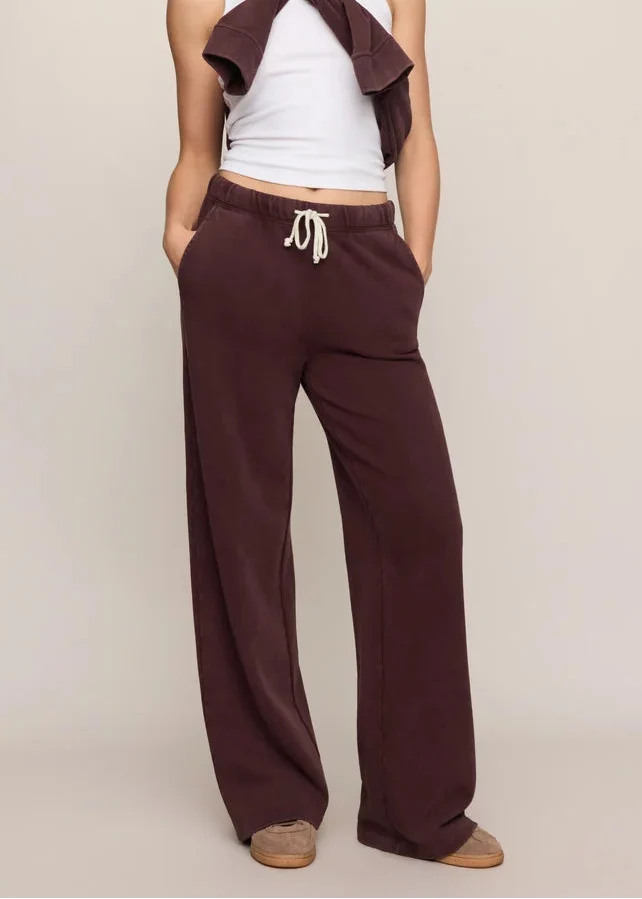 Model wearing Z Supply Hunter Knit Pant in Berry Noir, wide-leg style with drawstring waist