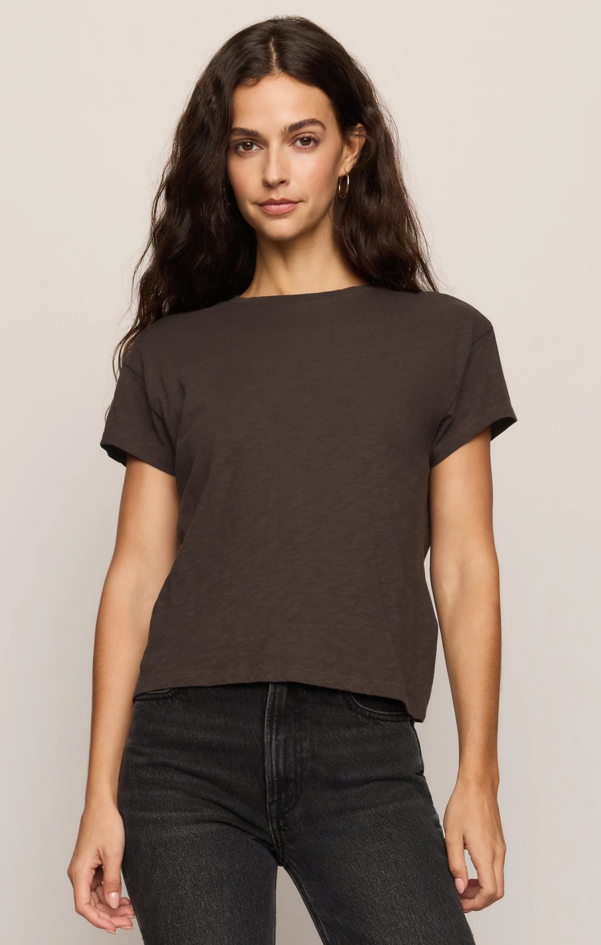 Z Supply Modern Slub Tee in dark brown with boat neck and short sleeves