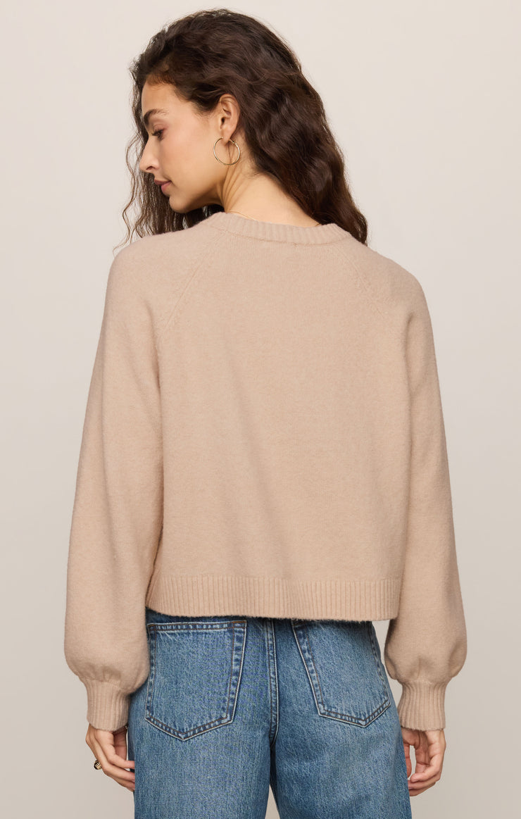 Z Supply Coming Up cropped beige knit sweater with balloon sleeves, back view