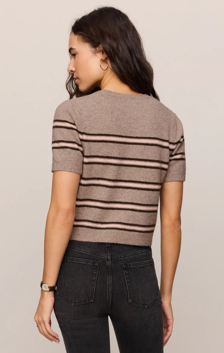 Back view of Z Supply Gatewood Stripe Sweater in Heather Ash with pink and brown stripes