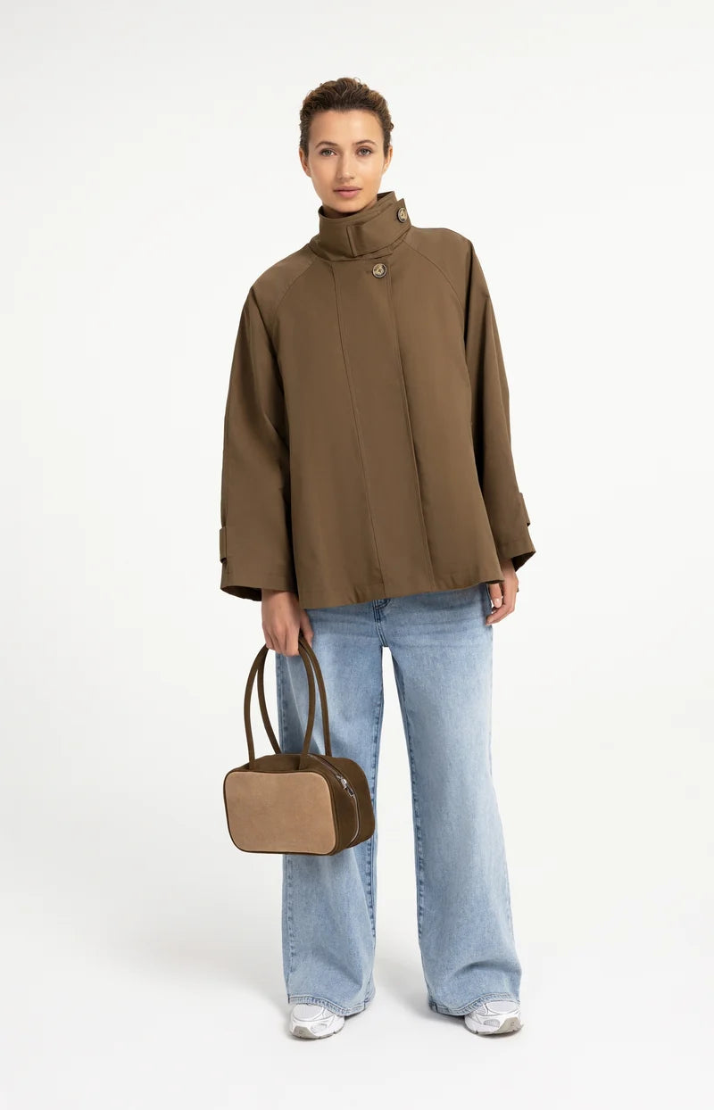 Olive brown A-line trench jacket with high collar and gold buttons, worn open