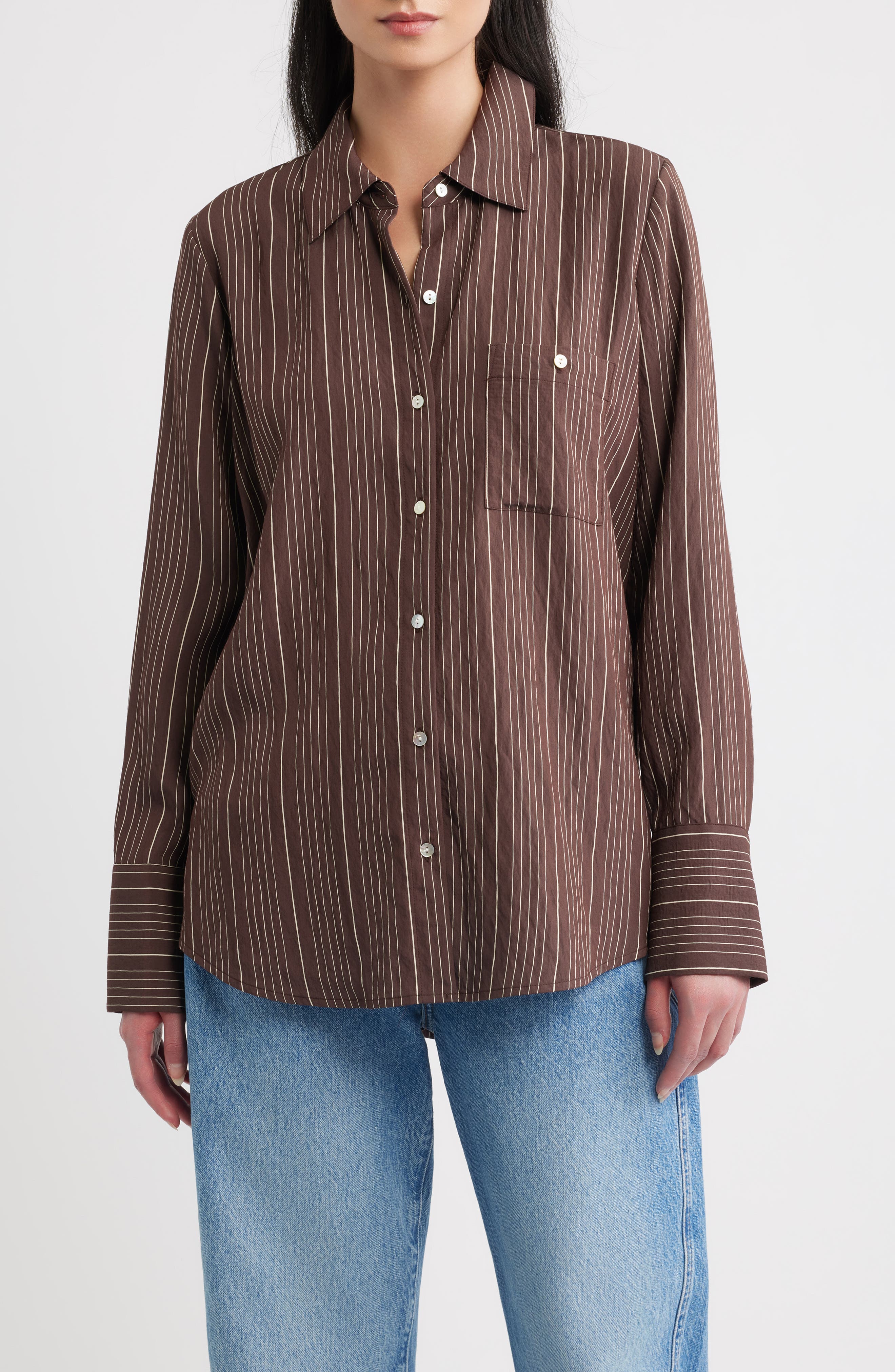 Rails Beck oversized button-down shirt in hickory brown with vertical pinstripes, paired with blue jeans