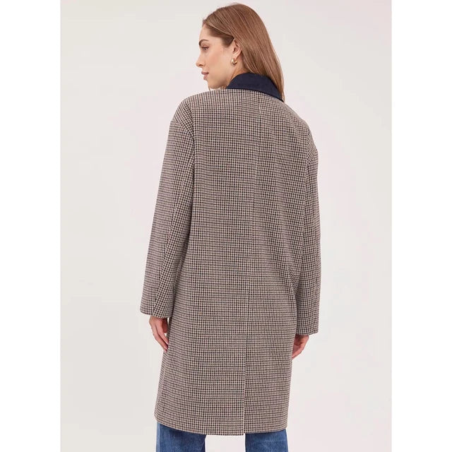 Gentle Fawn Millie houndstooth longline coat with navy collar, back view