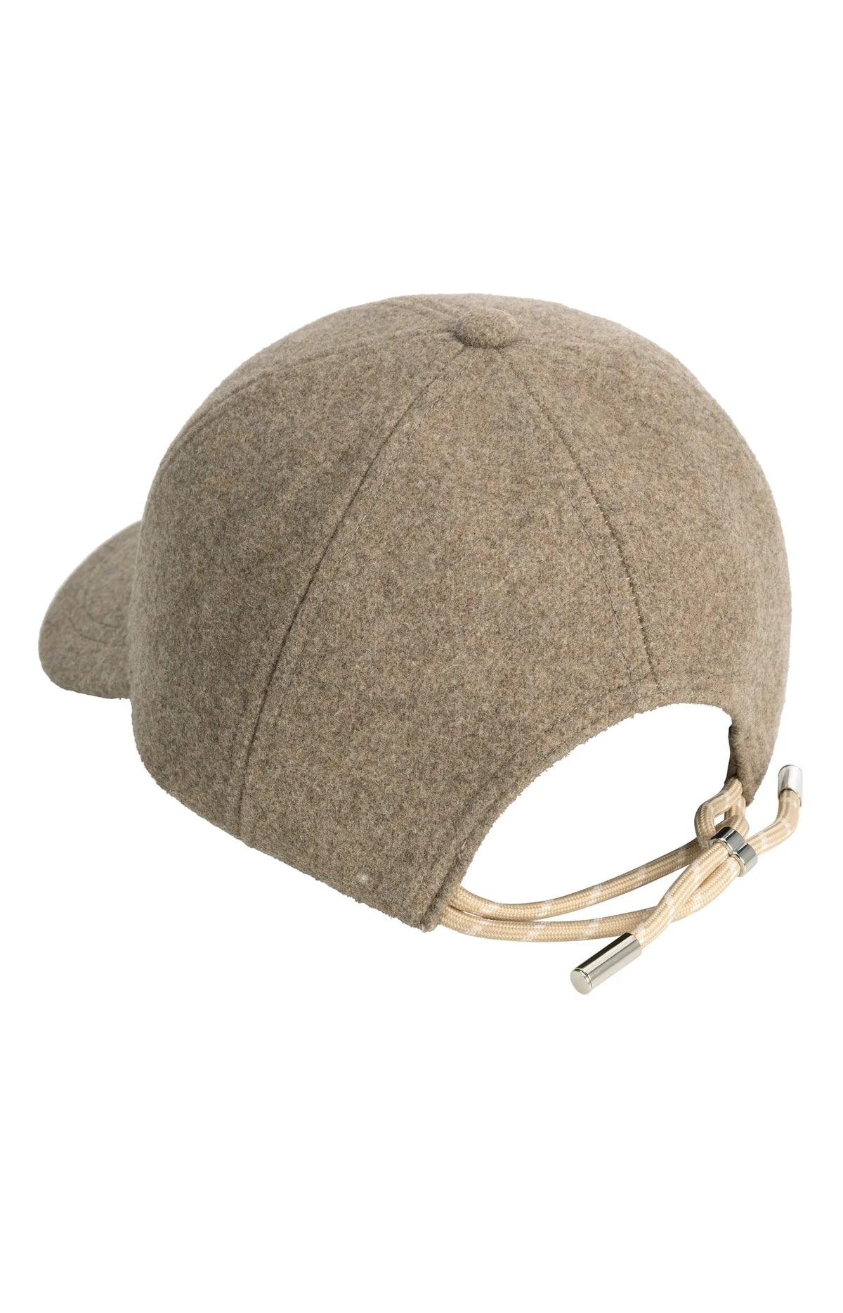 Taupe wool baseball cap with beige adjustable drawstring closure, back view