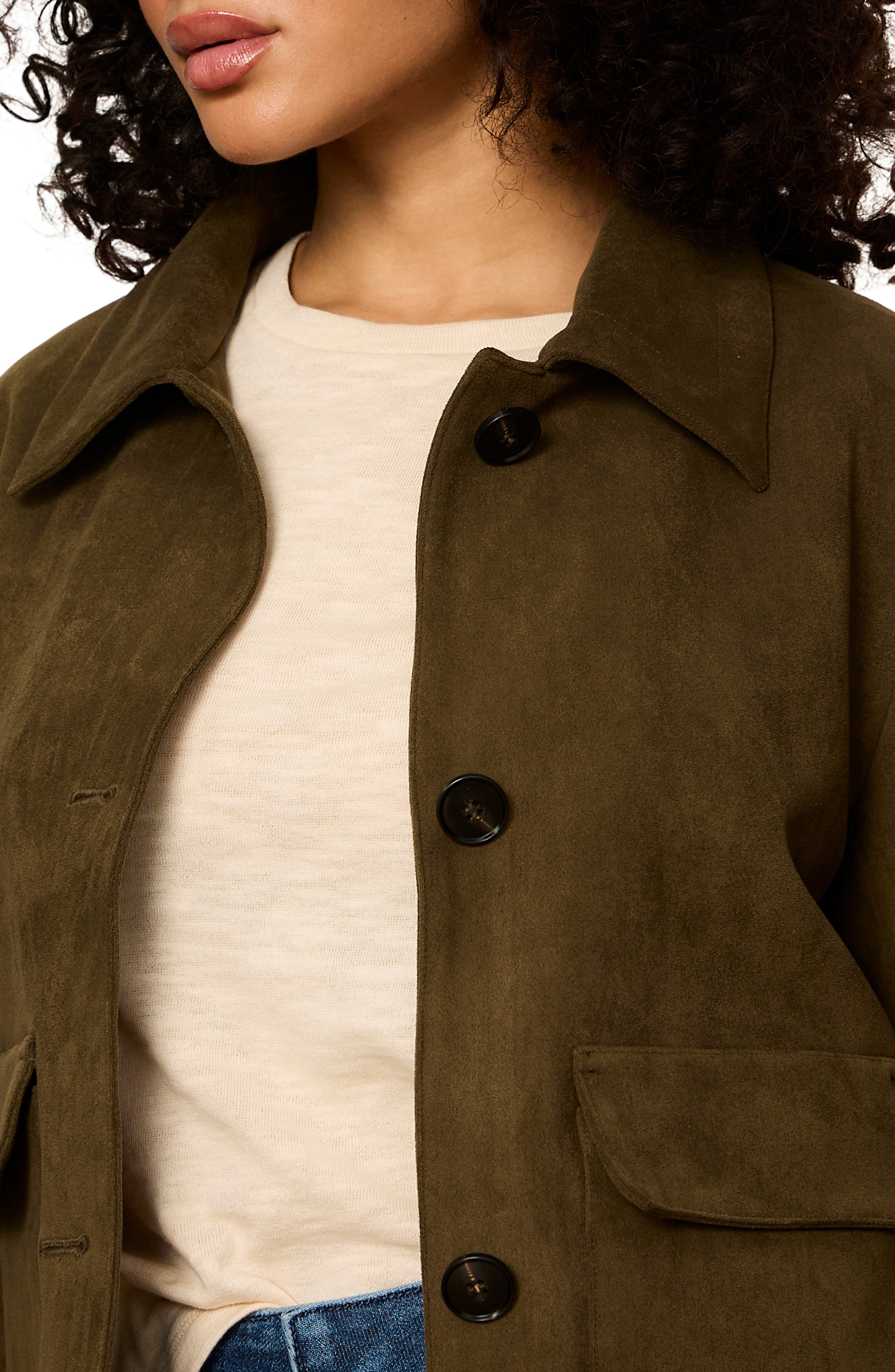 Close-up detail of Sanctuary Avid Suede Jacket in Light Kalamata showing buttons and collar