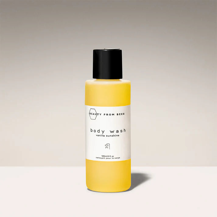 Yellow 120ml Beauty From Bees Vanilla Sunshine Body Wash bottle with black cap
