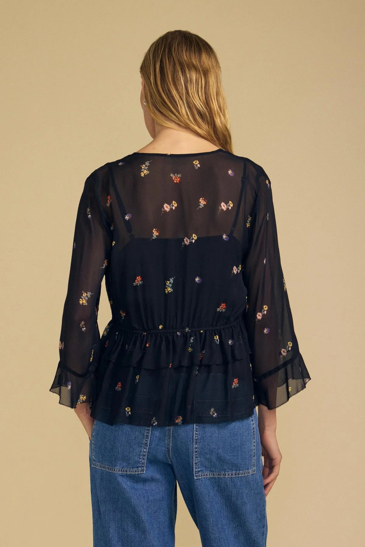 Velvet Aileen07 black floral chiffon peplum blouse with bell sleeves, back view