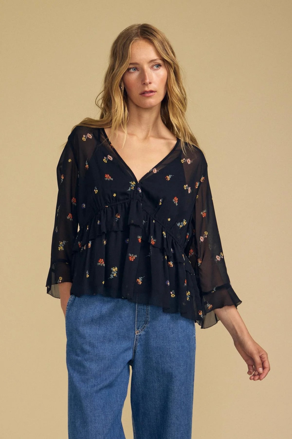 Velvet Aileen07 black floral chiffon blouse with ruffle detail and flutter sleeves